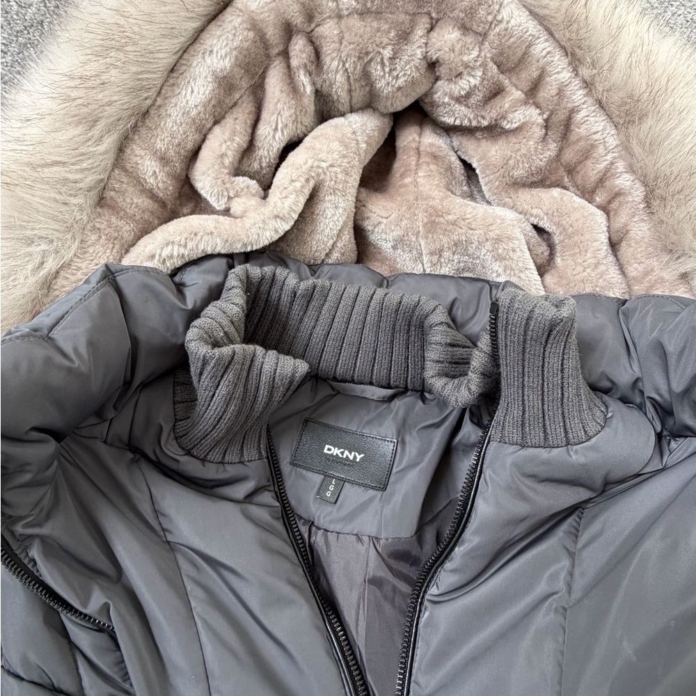 DKNY Charcoal Puffer Jacket with Faux Fur Trim - Picture 2 of 4
